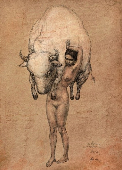 Woman Carrying A Bull by Vladimir Fokanov.